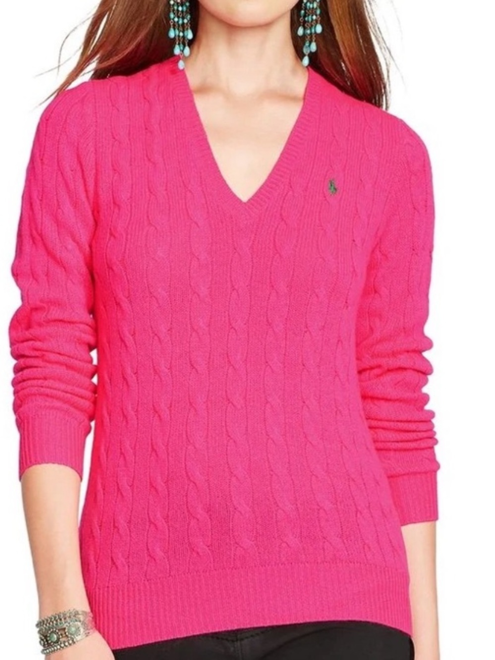 Ralph Lauren Sport Pink Cable Knit Sweater V Neck Blue Logo 100% Cotton